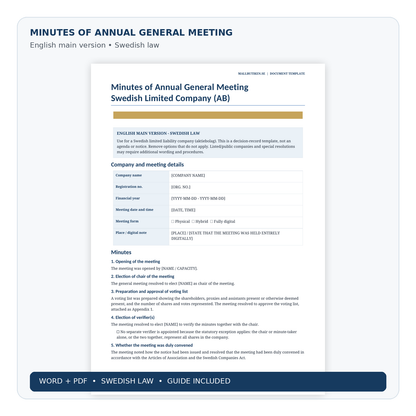 English annual general meeting minutes template for Swedish company