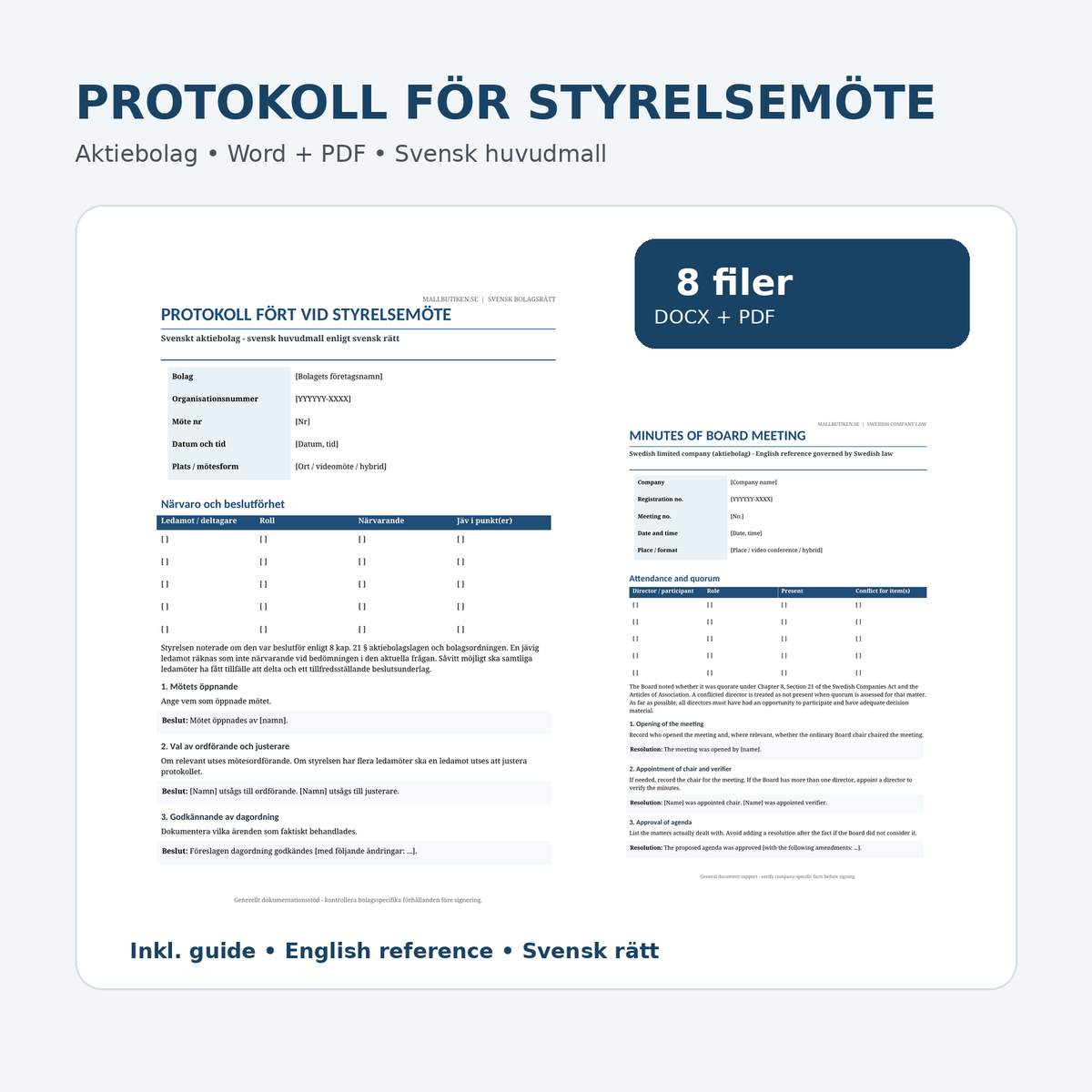 Protokoll för styrelsemöte i aktiebolag – svensk Word- och PDF-mall med guide