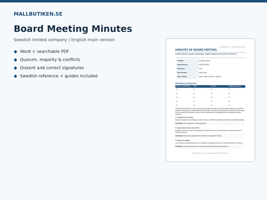 Board Meeting Minutes under Swedish law – English Word and PDF template