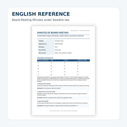 English reference of board meeting minutes for a Swedish limited company