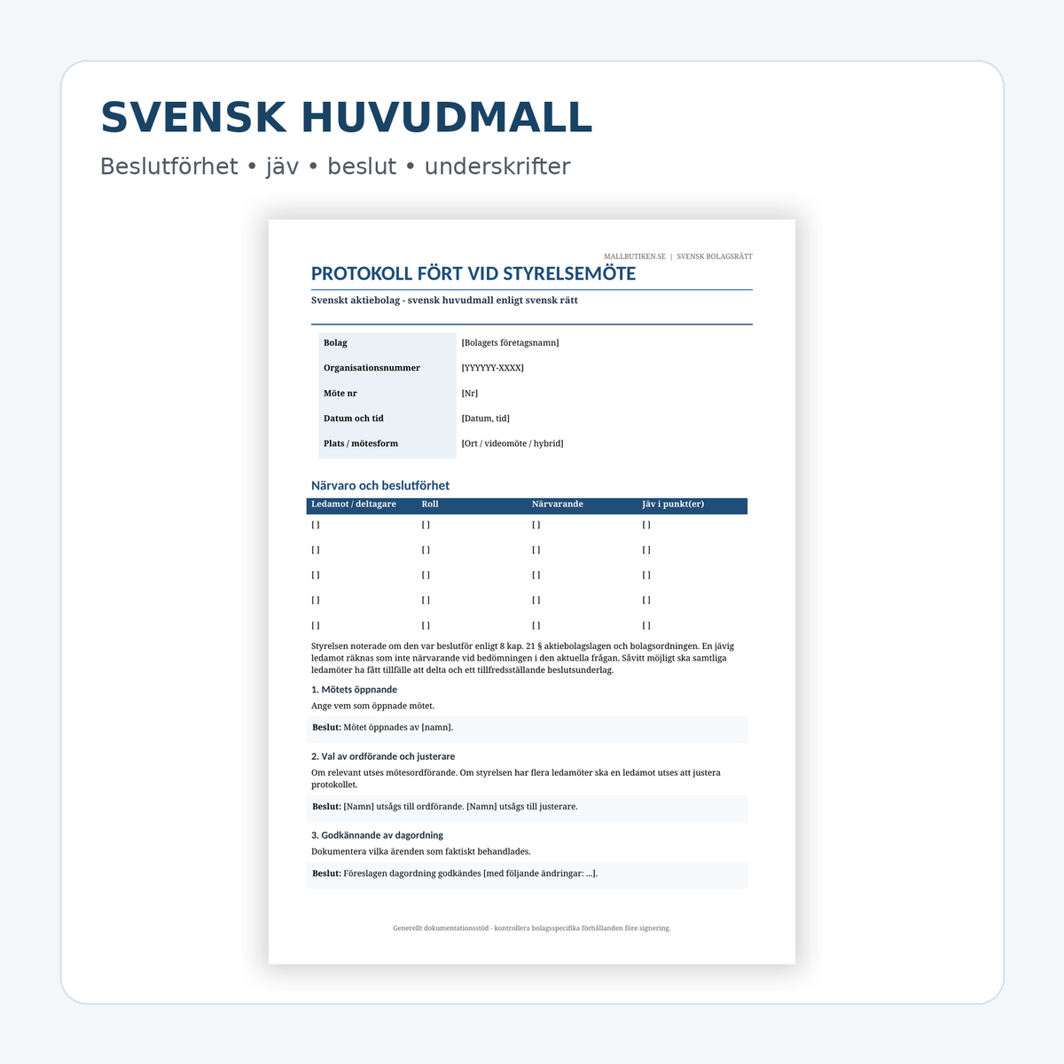 Förhandsvisning av svensk huvudmall för styrelseprotokoll i aktiebolag