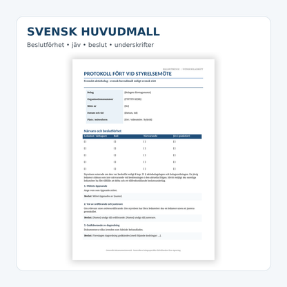 Förhandsvisning av svensk huvudmall för styrelseprotokoll i aktiebolag