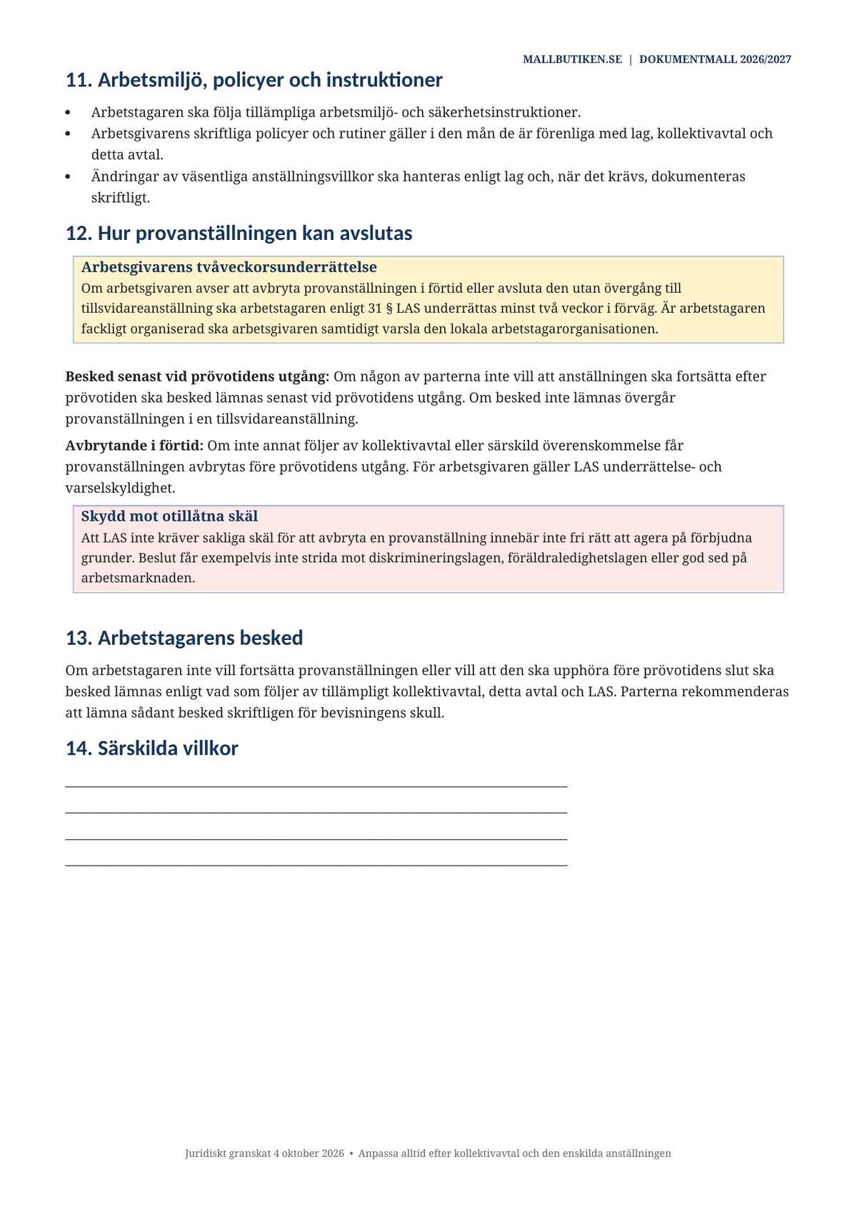 Provanställning två veckors underrättelse och skydd mot diskriminering 2026/2027