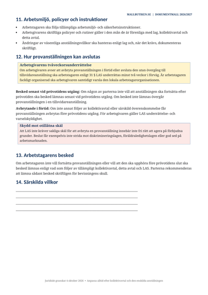 Provanställning två veckors underrättelse och skydd mot diskriminering 2026/2027