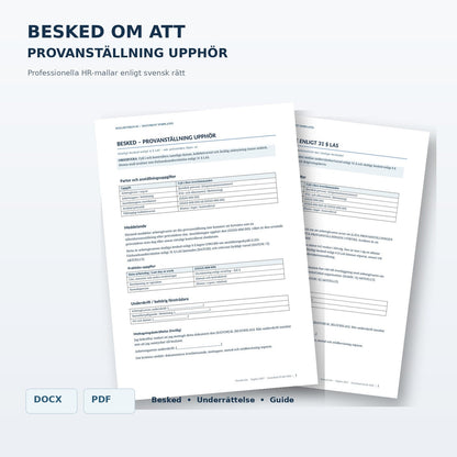 Besked om att provanställning upphör – juridiskt granskad Word/PDF-mall enligt LAS