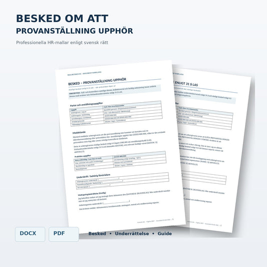 Besked om att provanställning upphör – juridiskt granskad Word/PDF-mall enligt LAS