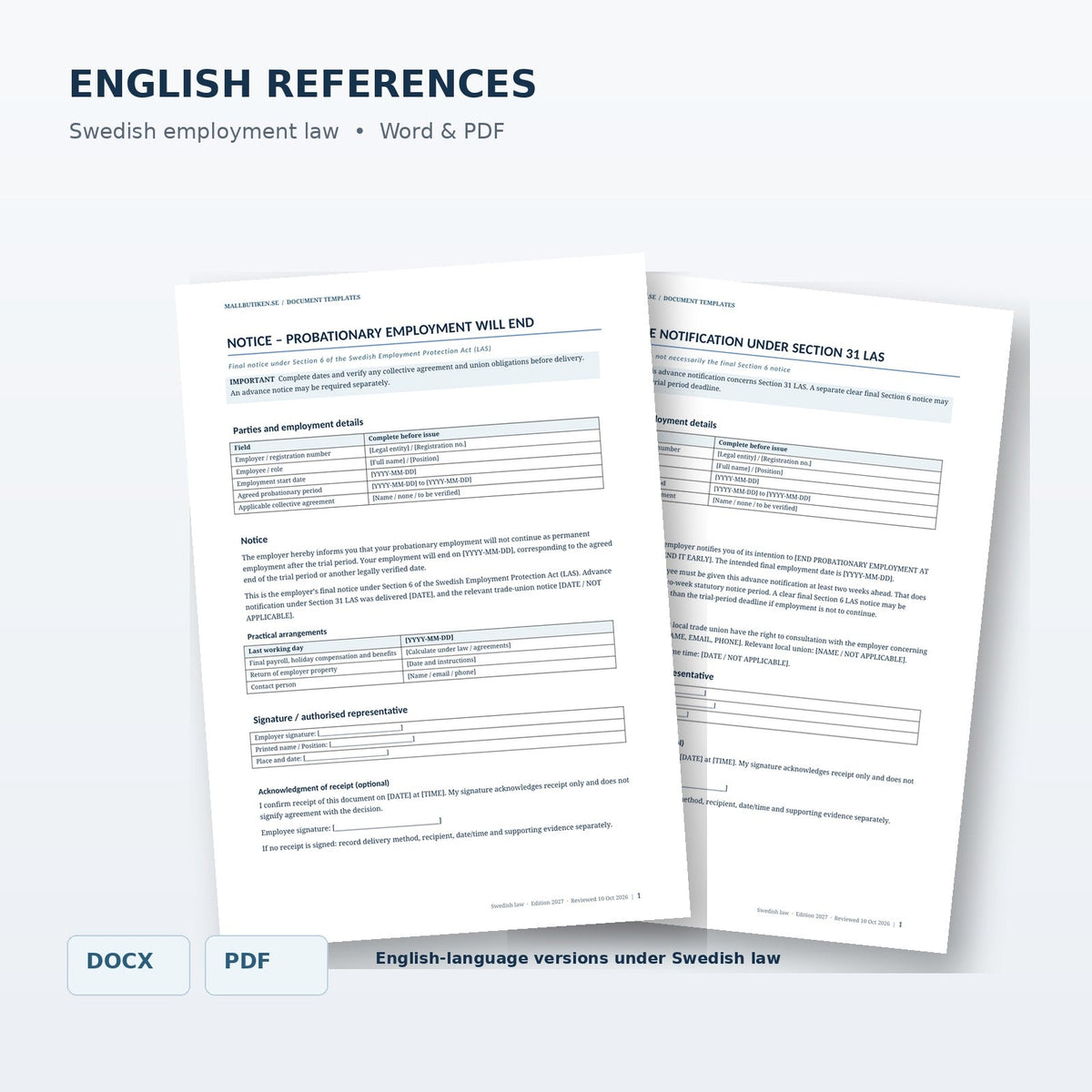 English probation termination notice and advance notification, Swedish law, Word and PDF