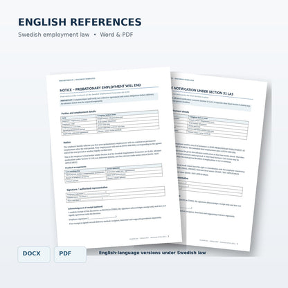 English probation termination notice and advance notification, Swedish law, Word and PDF