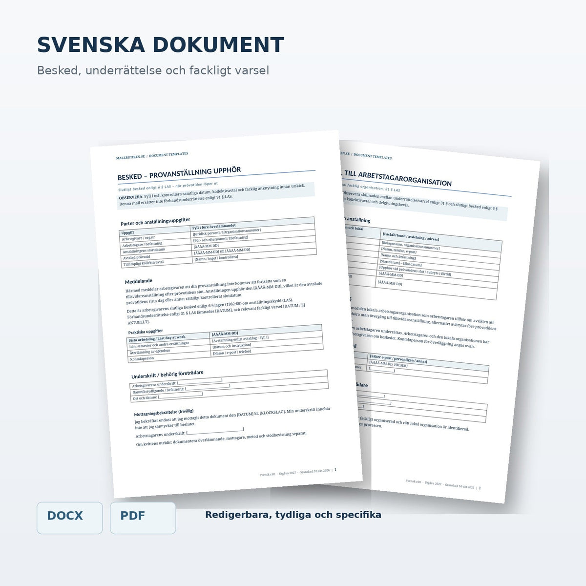 Svensk beskedsmall, underrättelse enligt 31 § LAS och fackligt varsel – dokumentpreview