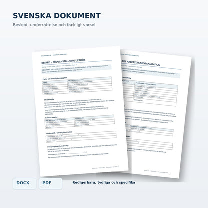 Svensk beskedsmall, underrättelse enligt 31 § LAS och fackligt varsel – dokumentpreview