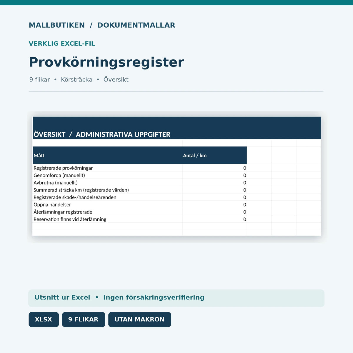 Förhandsvisning av Excelöversikt med provkörningsregister, sträcka och händelser