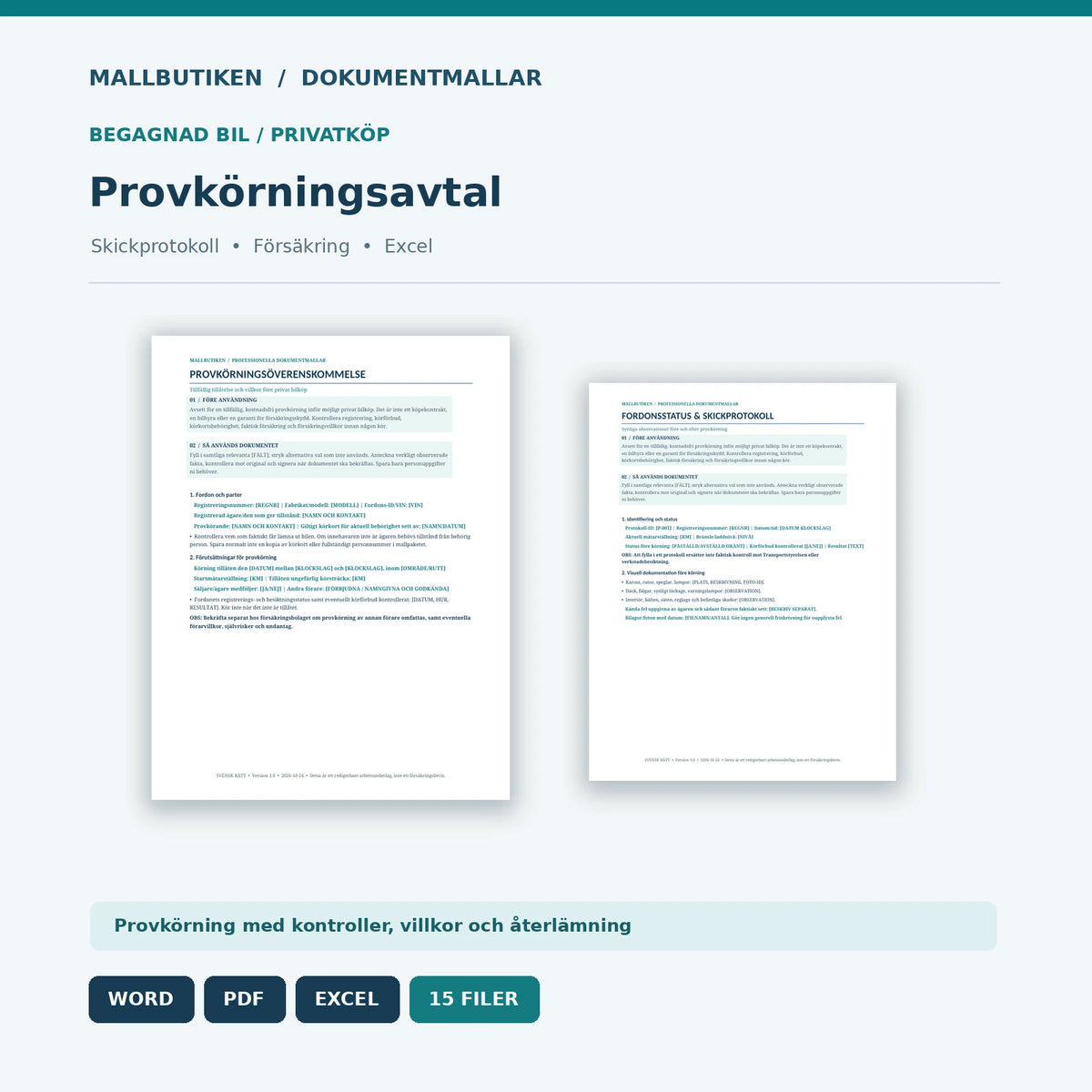 Provkörningsavtal och skickprotokoll för begagnad bil privat – dokumentpaket Word PDF Excel