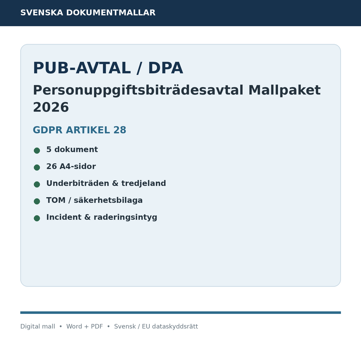 Personuppgiftsbiträdesavtal PUB-avtal DPA mallpaket 2026 Word PDF GDPR artikel 28