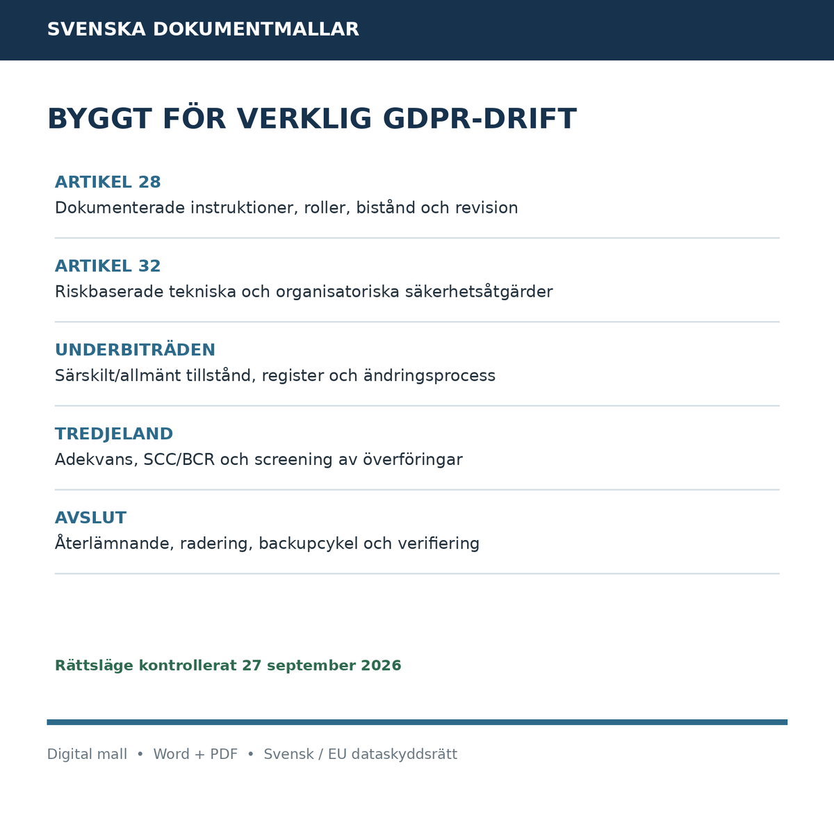 PUB-avtal GDPR artikel 28 säkerhet underbiträden tredjeland och radering 2026