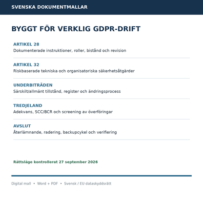 PUB-avtal GDPR artikel 28 säkerhet underbiträden tredjeland och radering 2026