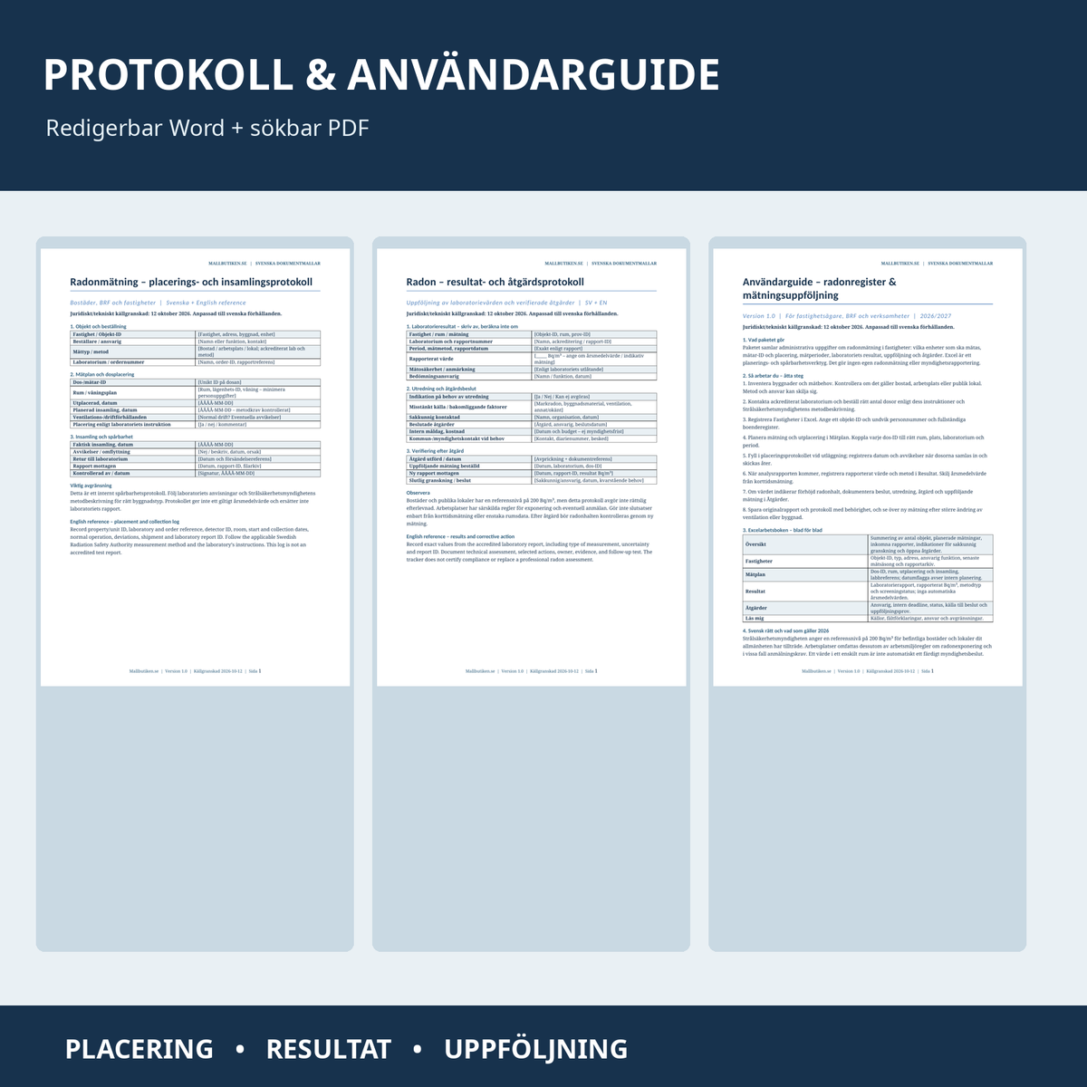 Radonplaceringsprotokoll och radonåtgärdsprotokoll i Word PDF samt användarguide