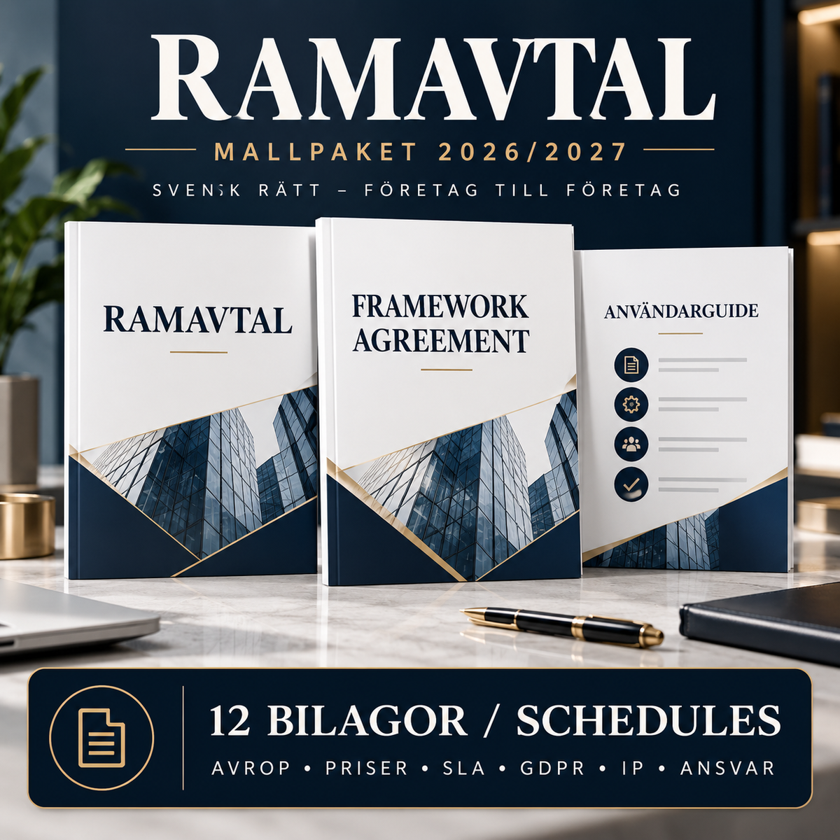 Ramavtal mallpaket med 12 bilagor och schedules för priser, SLA, GDPR, IP och ansvar