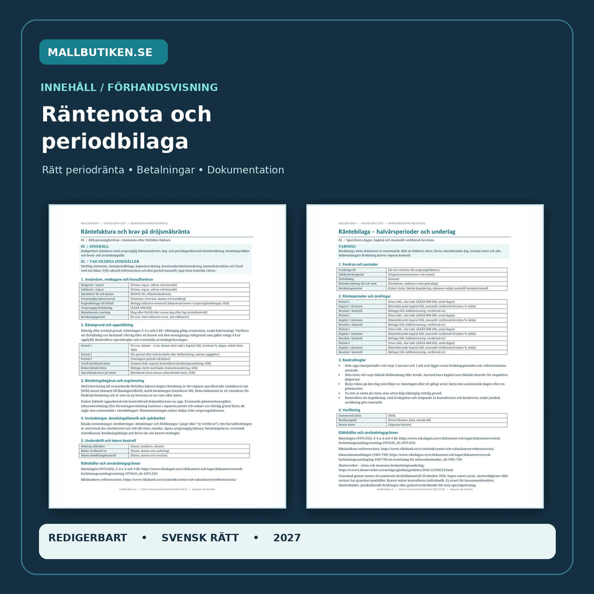 Förhandsvisning av faktisk räntenota och ränteperiodbilaga i Word och PDF för svenska företag