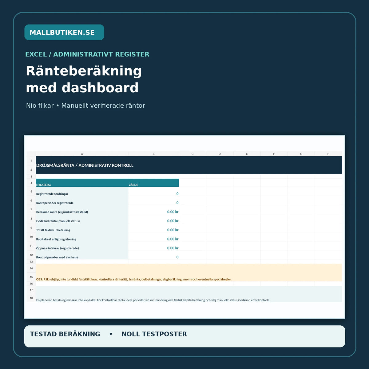 Excel för dröjsmålsränta 2027 med nio flikar, periodberäkning, kapitalavräkning och dashboard