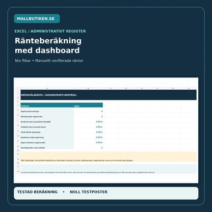 Excel för dröjsmålsränta 2027 med nio flikar, periodberäkning, kapitalavräkning och dashboard