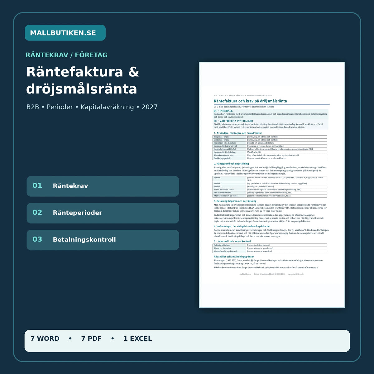 Räntefaktura och dröjsmålsränta B2B 2027 med verkliga Wordmallar, sökbara PDF och Excelregister