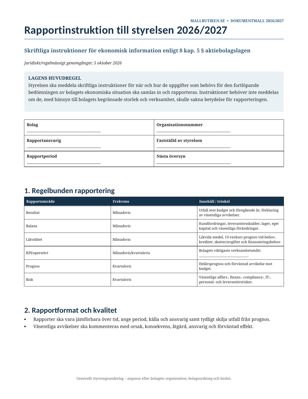 Rapportinstruktion styrelse 2026/2027 8 kap 5 aktiebolagslagen