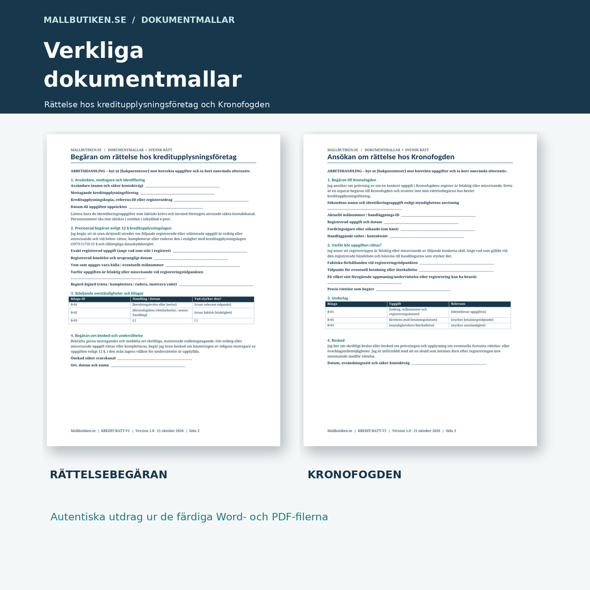 Rättelsebrev kreditupplysningsföretag och separat rättelseansökan Kronofogden, dokumentutdrag