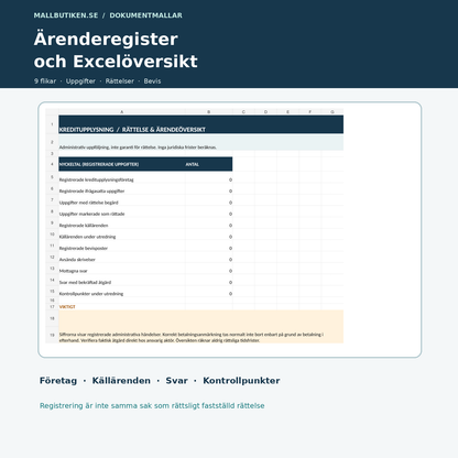 Rättelse kreditupplysning Excelregister med nio flikar och administrativa nyckeltal