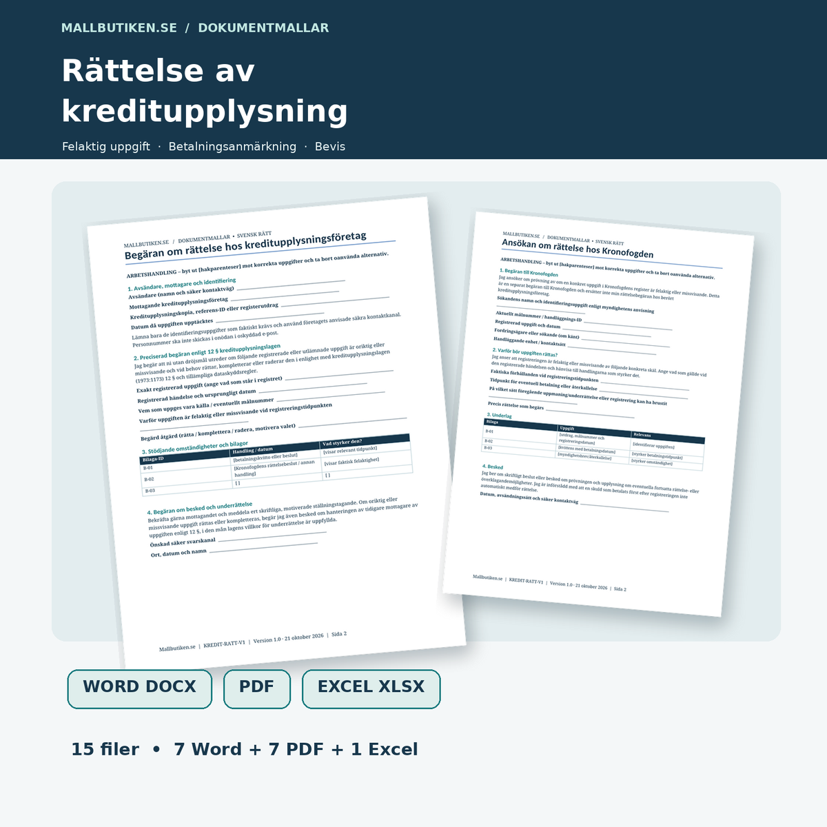 Rättelse av kreditupplysning och betalningsanmärkning – faktiska rättelsebrev, Word PDF Excel