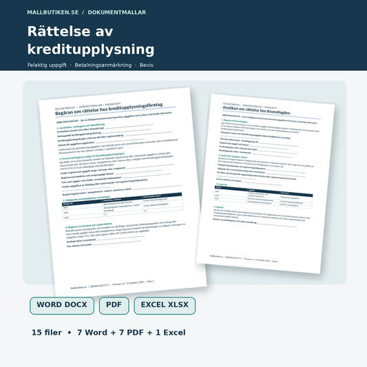 Rättelse av kreditupplysning och betalningsanmärkning – faktiska rättelsebrev, Word PDF Excel