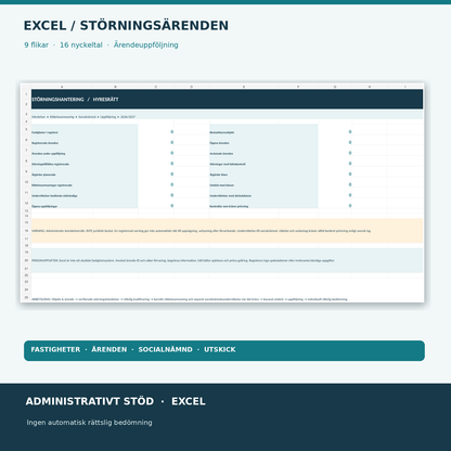 Excelregister för störande hyresgäst, störningsjournal och rättelseanmaningar med nio flikar och 16 nyckeltal