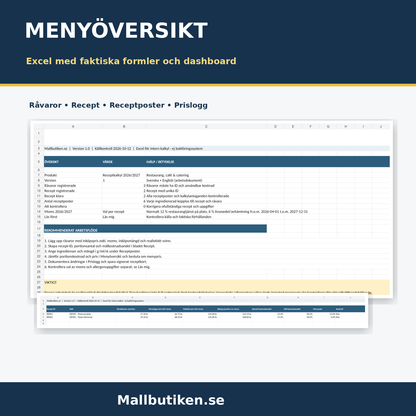Excel receptkalkyl med dashboard råvarukostnad svinn portionspris menyöversikt