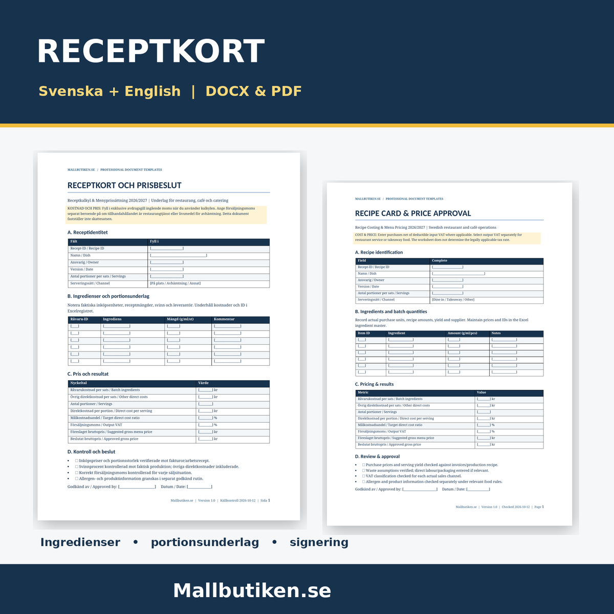 Receptkort och prisbeslut på svenska och engelska – Word PDF 2026/2027