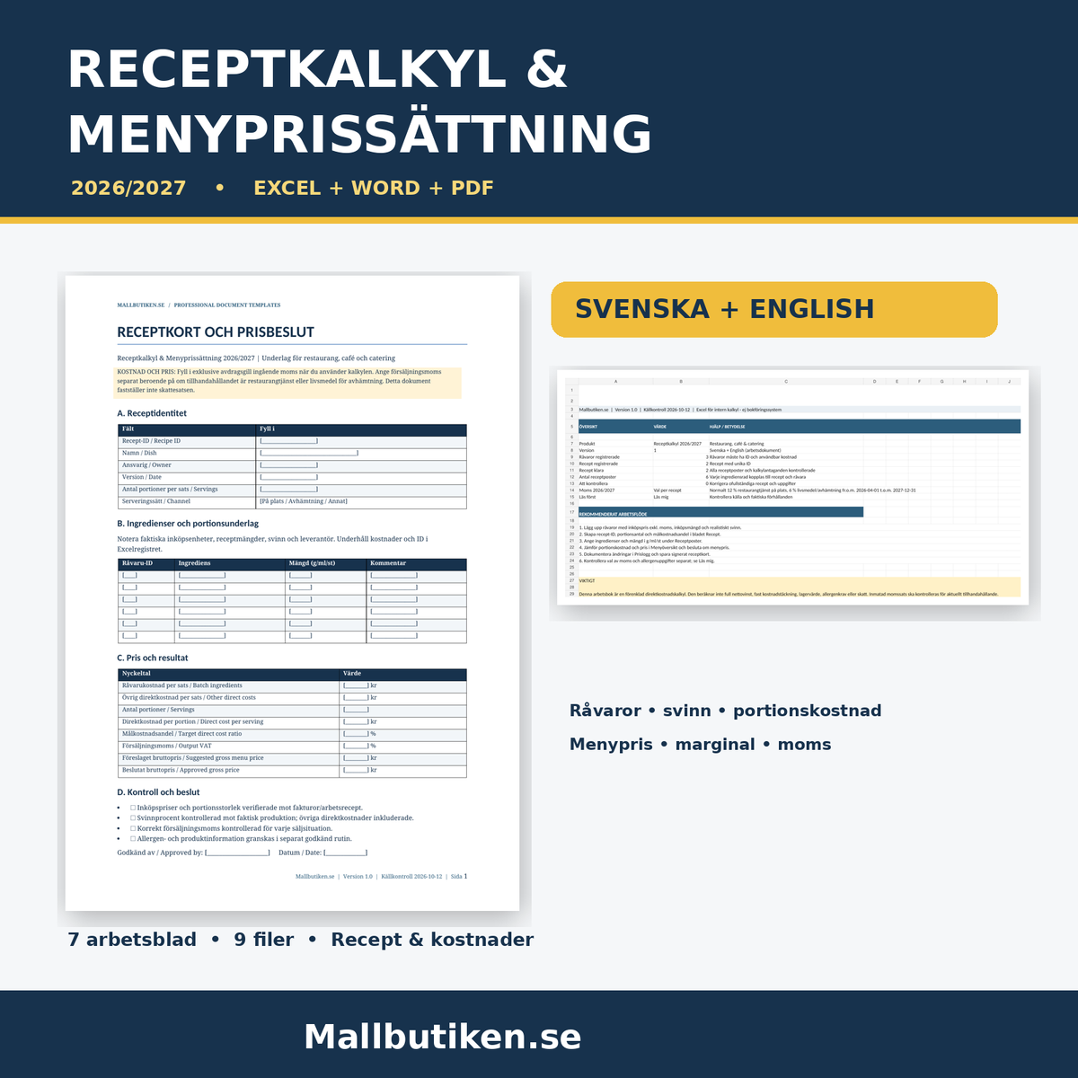 Receptkalkyl och menyprissättning 2026/2027 Excel Word PDF svenska och engelska
