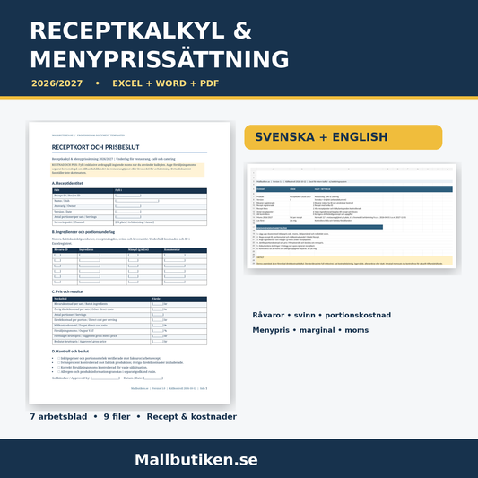 Receptkalkyl och menyprissättning 2026/2027 Excel Word PDF svenska och engelska