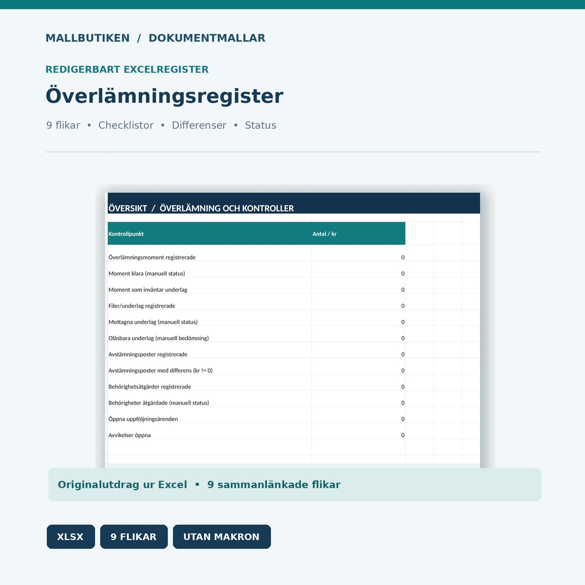 Överlämningsregister Excel – översikt över material, avstämningar, behörigheter och status