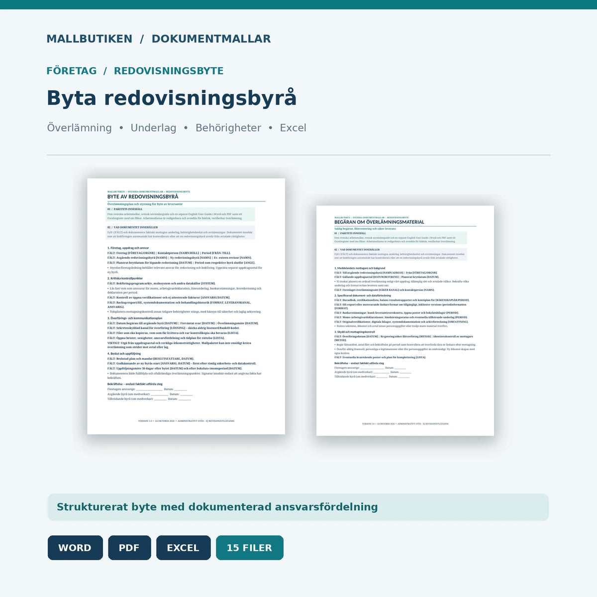 Byta redovisningsbyrå och överlämningsplan – dokumentmallar i Word, PDF och Excel
