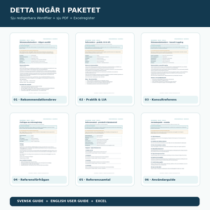 Referensbrevspaket innehåll med anställd praktik LIA konsult referenssamtal svenska English guide