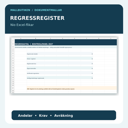 Regressregister Excel med nio flikar för gemensamma skulder, betalningar och avräkning