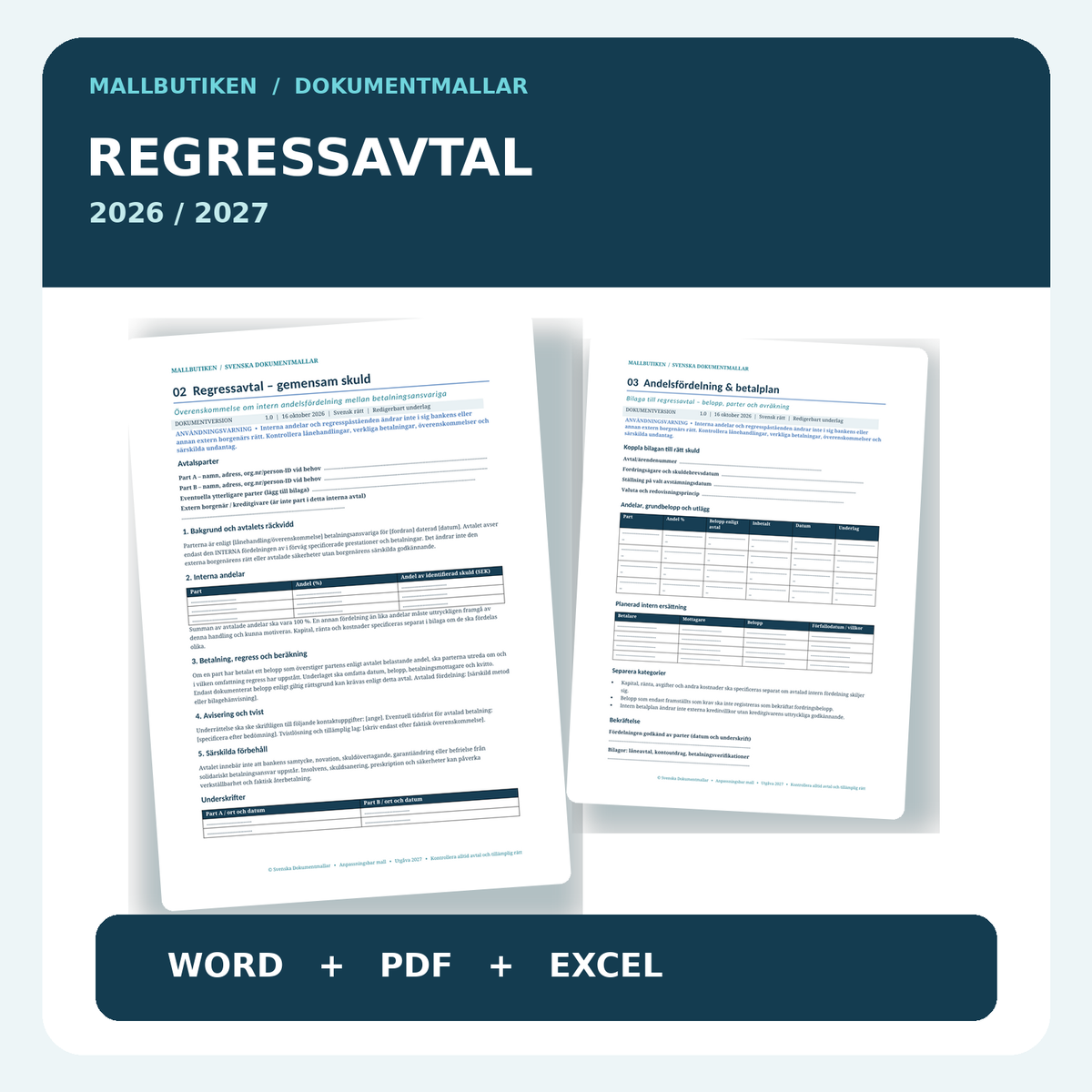 Regressavtal 2027 – Word PDF Excel för solidariskt lån och intern skuldfördelning