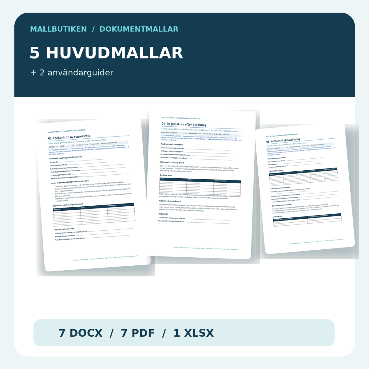 Regressavtal mallpaket med förkontroll, andelsfördelning, regresskrav, kvittens och guider