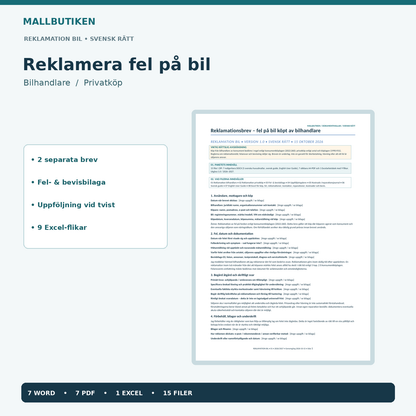 Reklamation bil mall Word PDF Excel 2026 2027, verkligt dokument
