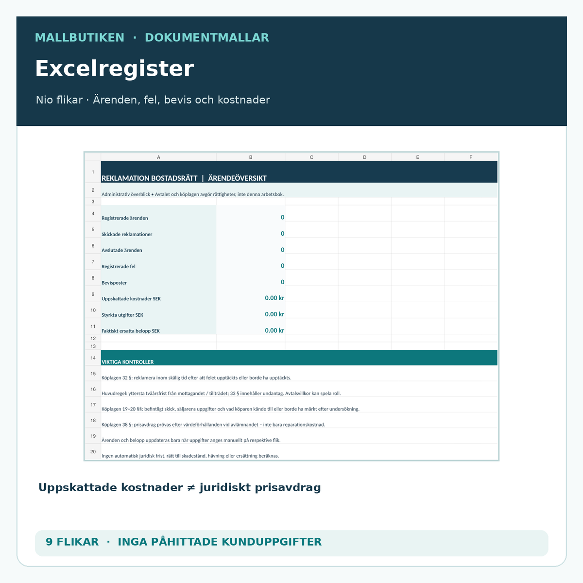 Nioflikigt Excelregister för fel efter bostadsrättsköp och uppföljning av underlag