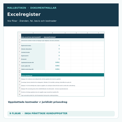 Nioflikigt Excelregister för fel efter bostadsrättsköp och uppföljning av underlag
