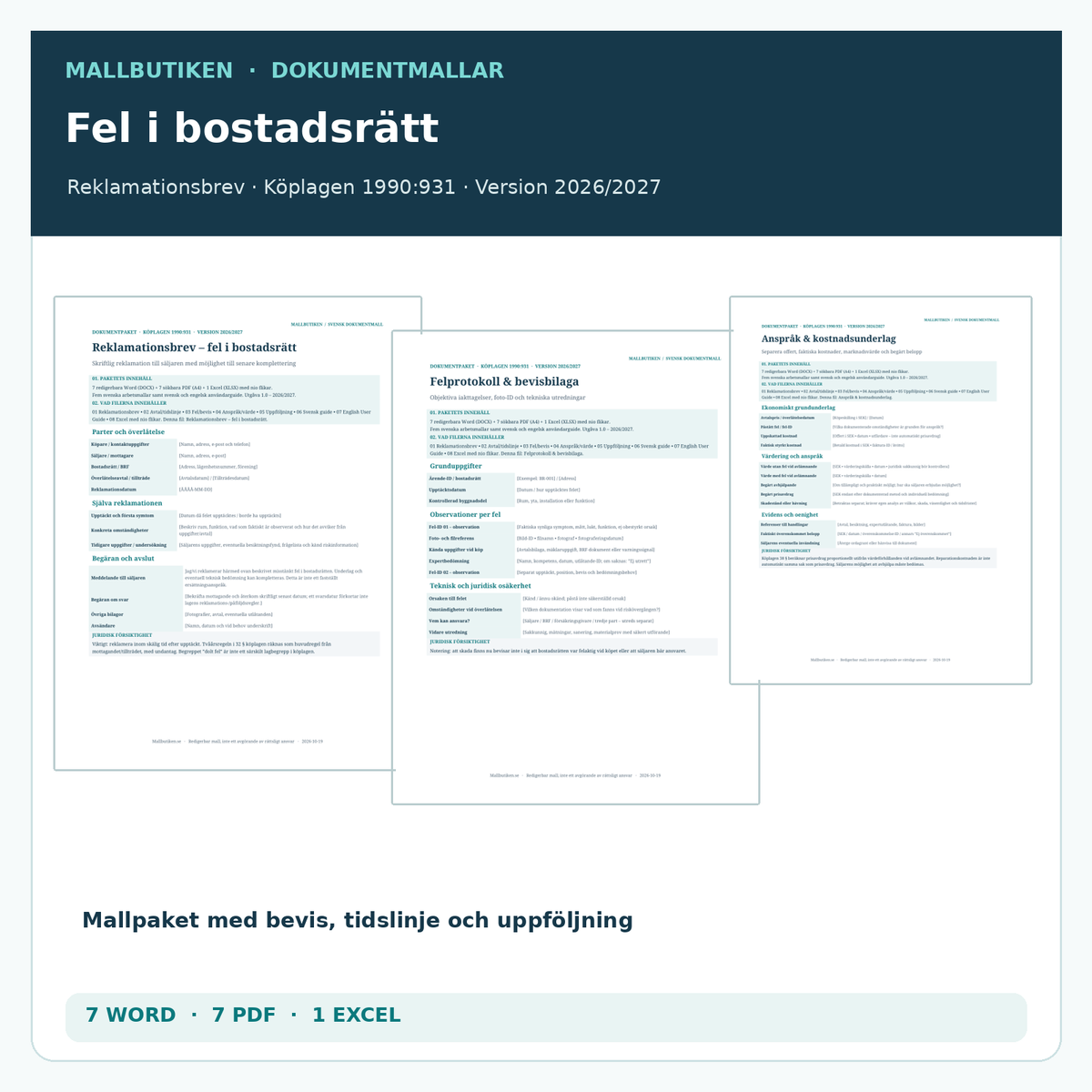 Reklamation bostadsrätt 2026/2027 – verklig mall Word PDF Excel enligt köplagen