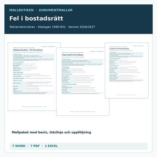 Reklamation bostadsrätt 2026/2027 – verklig mall Word PDF Excel enligt köplagen