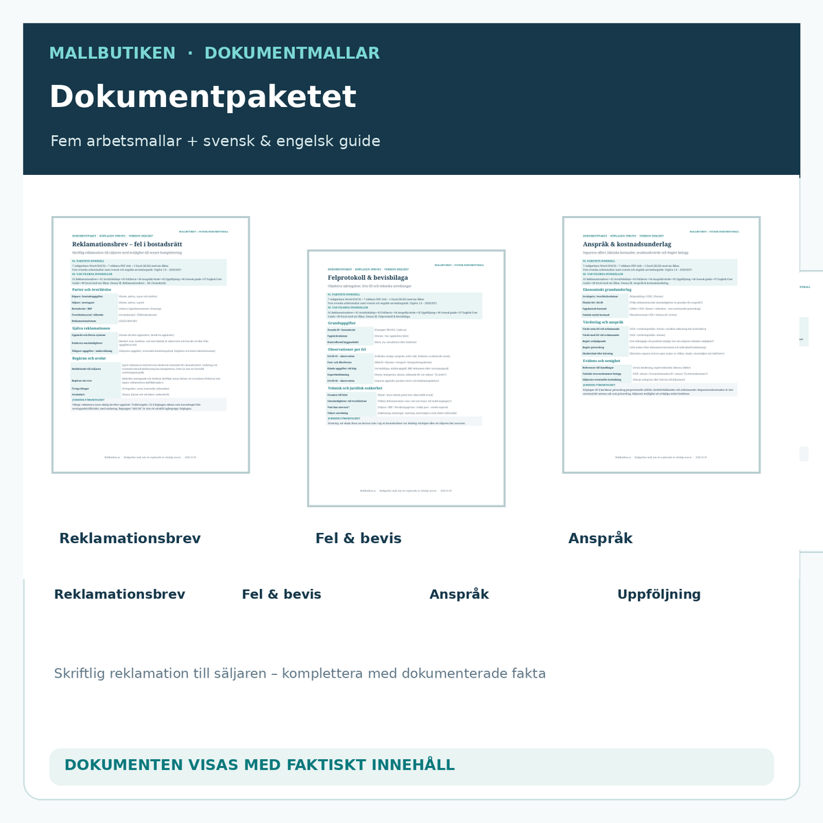 Faktiska dokument i mallpaketet: reklamationsbrev bostadsrätt, felprotokoll och bevisbilaga