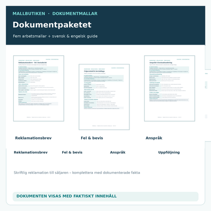 Faktiska dokument i mallpaketet: reklamationsbrev bostadsrätt, felprotokoll och bevisbilaga