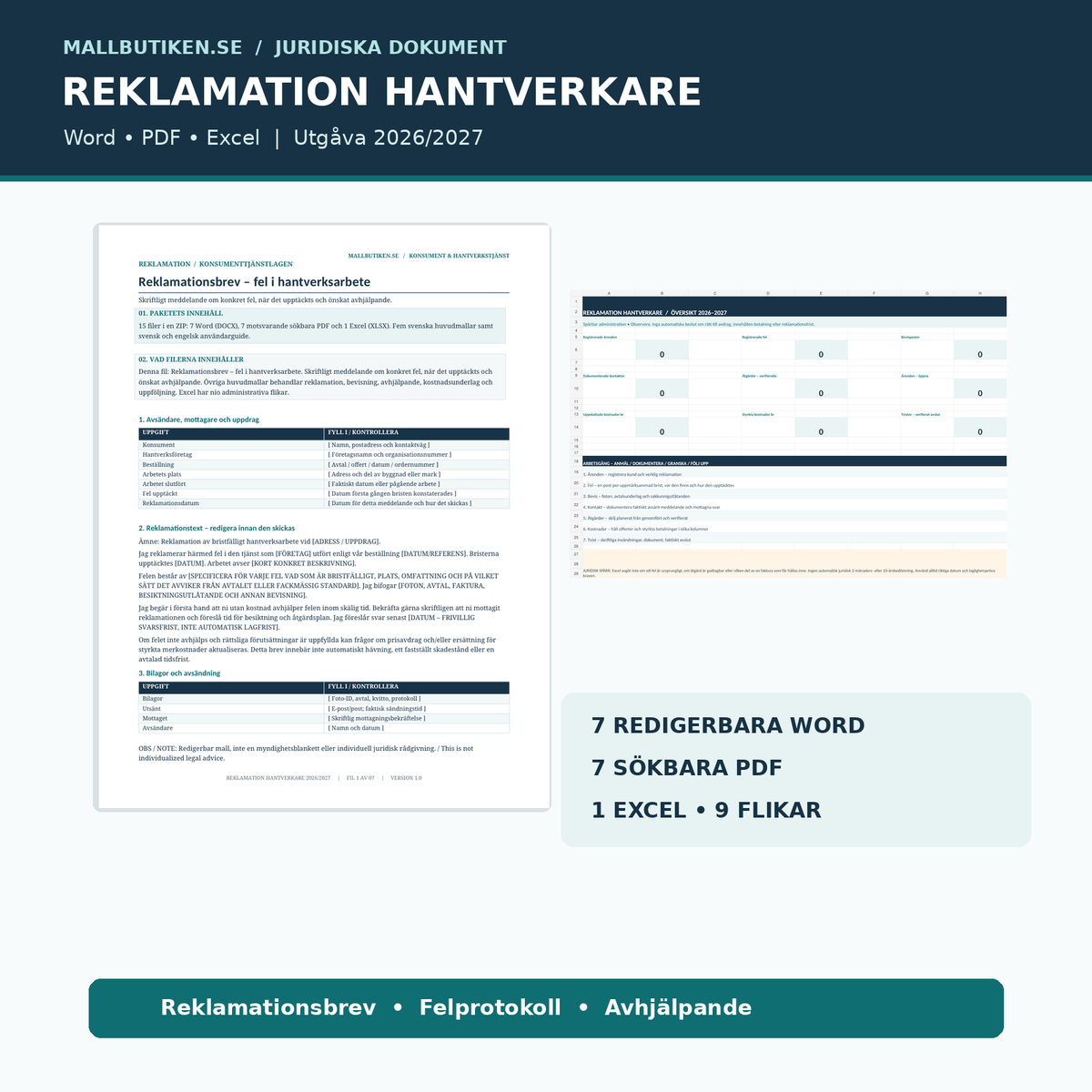 Reklamation hantverkare mall – redigerbar Word, sökbar PDF och Excel i verklig förhandsvisning