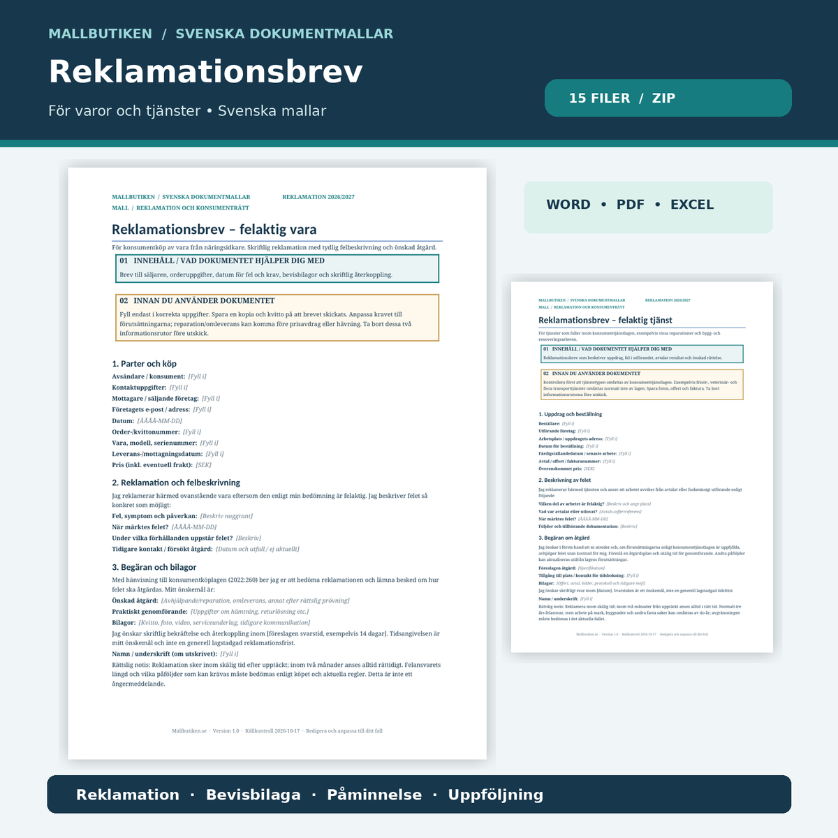 Reklamationsbrev vara och tjänst 2026/2027 – Word, PDF och Excel, faktisk dokumentförhandsvisning